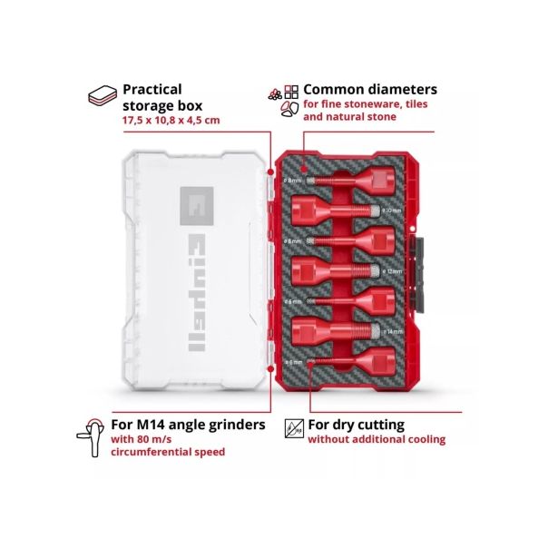 EINHELL Set dijamantskih burgija M14 suvo bušenje 6/6/8/8/10/12/14mm M-Case 7/1 - EP2836659