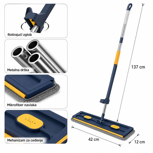 Mop za pranje podova sa ceđenjem i rotirajućom glavom 360°, drška 133 cm, plava x2 - EP3280371