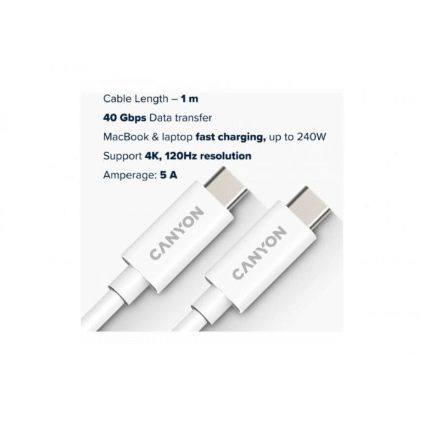 CANYON Kabl USB tip C na USB tip C, 8K, 40 Gbps, 1m, bela - CNS-USBC44W
