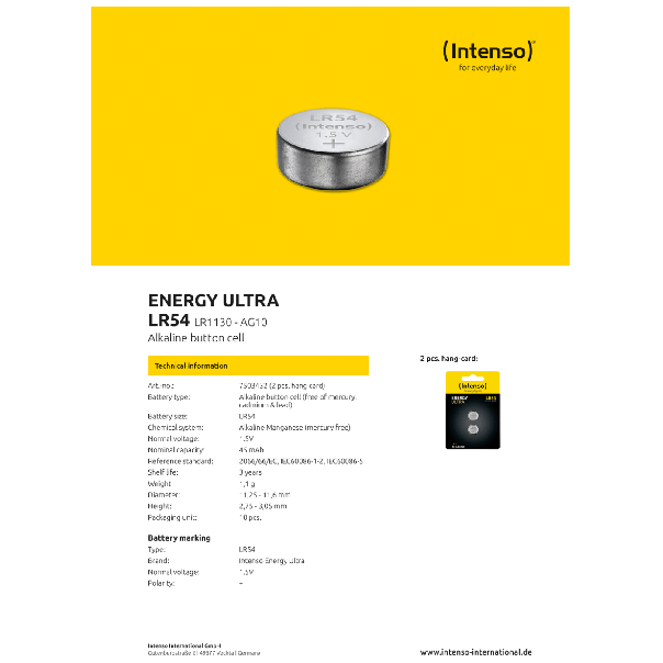 INTENSO Baterija alkalna LR54/2, 1,5V dugmasta, blister 2 kom - 12507