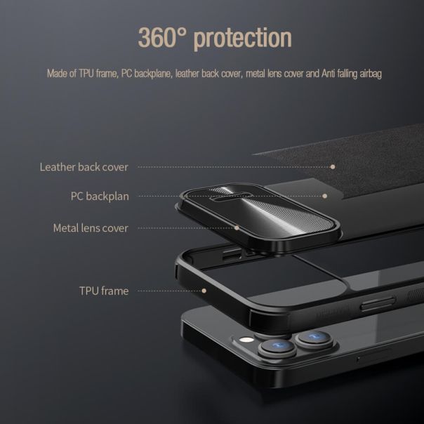 NILLKIN Maska Cam Shield Leather S za iPhone 14 Pro Max, crna - F105493