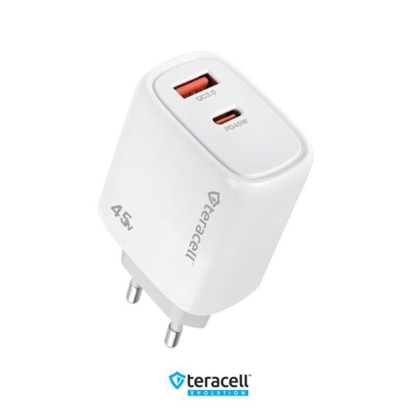Kucni punjac Teracell Evolution TC-19, GAN, QC, PD Fast charging 45W sa PD type C kablom beli CE - 223692