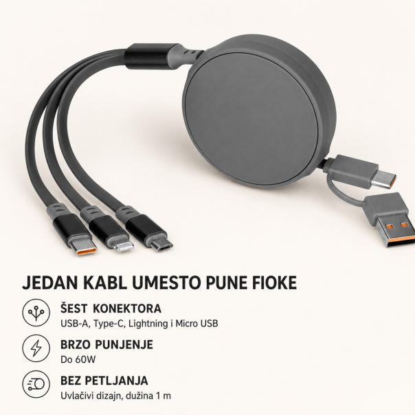 USB kabl ONES 6u1 - Type-C/USB na Type-C, Lightning i Micro USB, 60W, uvlačivi, sivi - EP3246703