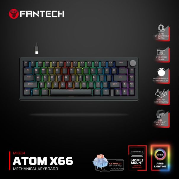 Tastatura Mehanicka Gaming Fantech MK614 Atom x66 Retro crna (ice apricot switch) - EP3093824