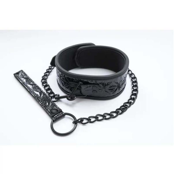 Crna ogrlica sa metalnim povodcem Black Collar and Leash - ff001037