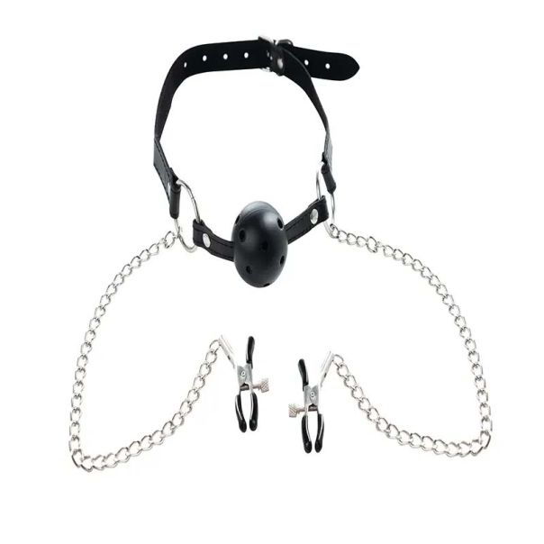 Kugla za usta i stipaljke za bradavice Breathable Ball Gag with Nipple Clamps - ff001010