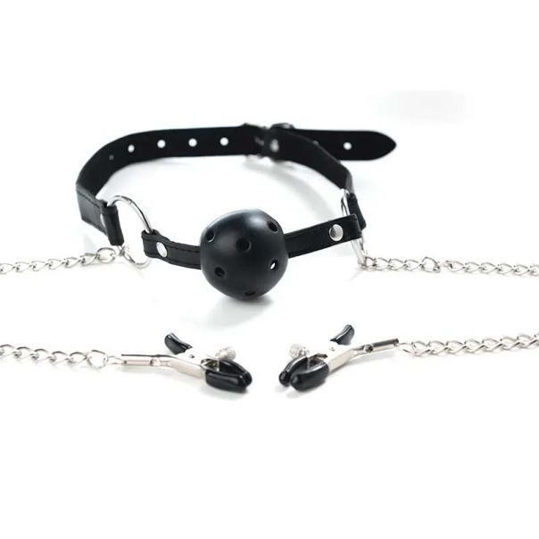 Kugla za usta i stipaljke za bradavice Breathable Ball Gag with Nipple Clamps - ff001010