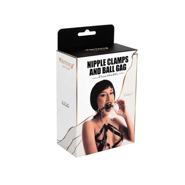 Kugla za usta i stipaljke za bradavice Breathable Ball Gag with Nipple Clamps - ff001010