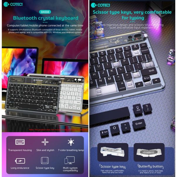 Tastatura Coteci Crystal 84008 Wireless transparent bela - EP3055696