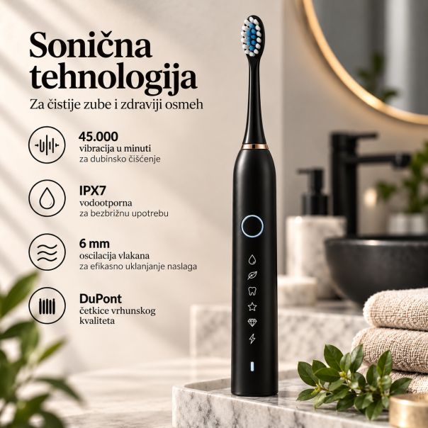 Sonična električna četkica za zube, crna, 6 režima, IPX7 - EP3236276