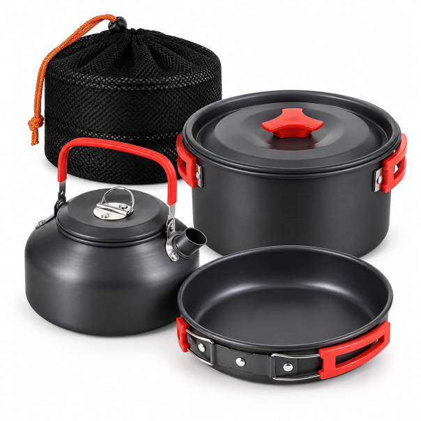 Set posuđa za kampovanje, sklopivi, aluminijum, sivi sa crvenim detaljima - EP3286098