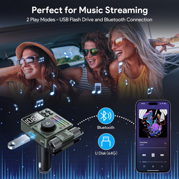 FM Transmiter MT01, Treble and Bass control, PD 30W, USB 12W, BT 5.3, RGB - 214004