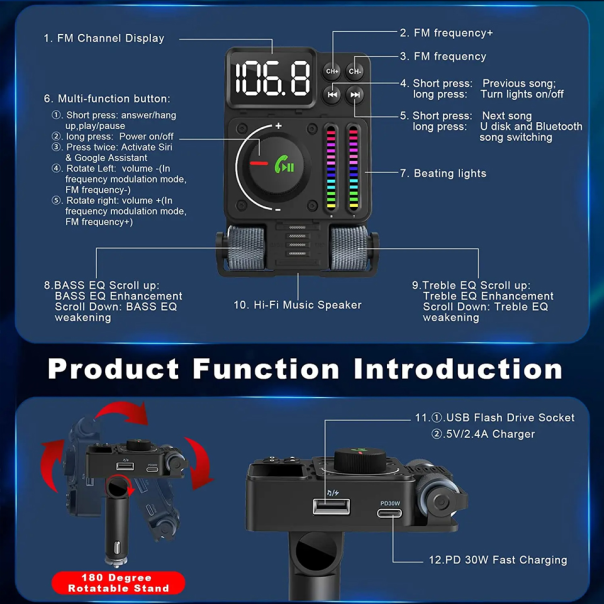 FM Transmiter MT01, Treble and Bass control, PD 30W, USB 12W, BT 5.3, RGB - 214004