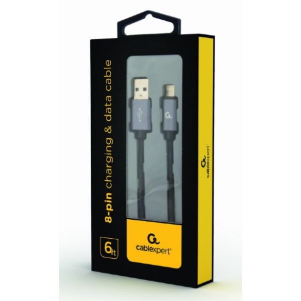 CCB-mUSB2B-AMLM-6 Gembird Cotton braided 8-pin cable with metal connectors, 1.8 m, black, blister - EP3223726