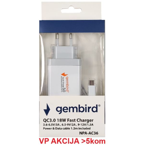 NPA-AC36 ** Gembird QC3.0 brzi punjac +Type C USB kabl,18W 3.6-6.5V/3A, 6.5V-9V/2A, 9V-12V/1.5A(351) - EP3223928