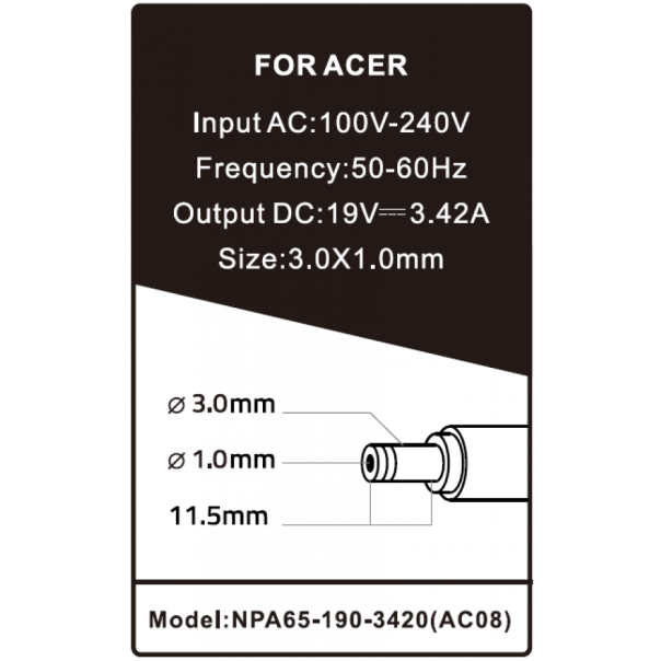 NPA65-190-3420 (AC08) Gembird punjac za laptop 65W-19V-3.42A, 3.0x1.1mm - EP3223940