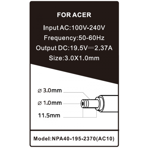 NPA40-195-2370 (AC10) Gembird punjac za laptop 40W-19.5V-2.37A, 3.0x1.1mm black (alt=AC08) - EP3226165