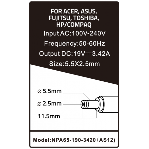 NPA65-190-3420 (AS12) Gembird punjac za laptop 65W-19V-3.42A, 5.5x2.5mm black (Alt=AS16) - EP3223952