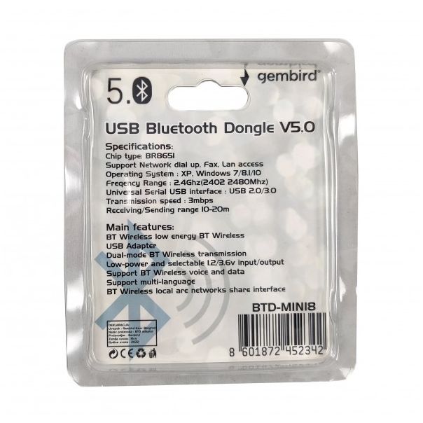 BTD-MINI8 ** Gembird USB2.0/3.0  Bluetooth dongle v5.0, 2.4Ghz 3MB/s(24Mbps) 8dBm 20m BR8651(399) - EP3228094