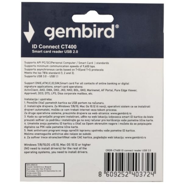 CRDR-CT400 ** Gembird Smart card reader USB 2.0 Citac za licne karte, saobracajne, bankarske (599) - EP3228106