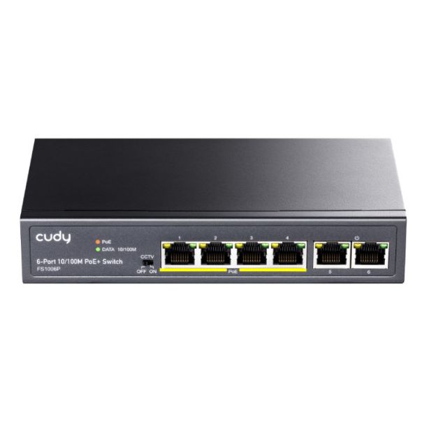 Cudy FS1006P 6-Port 10/100M PoE+ Switch, 60W internal max 32W/PoE, UPLINK, 250m (alt.PFS3006-4ET-60) - EP3236103