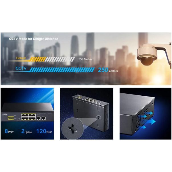 Cudy FS1010P 8-Port 10/100M PoE+ Switch, 2 Uplink 10/100M, 120W, 250m,4KV steel (Alt.PFS3009-8ET-96) - EP3226464