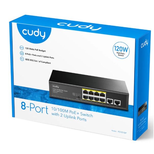 Cudy FS1010P 8-Port 10/100M PoE+ Switch, 2 Uplink 10/100M, 120W, 250m,4KV steel (Alt.PFS3009-8ET-96) - EP3226464