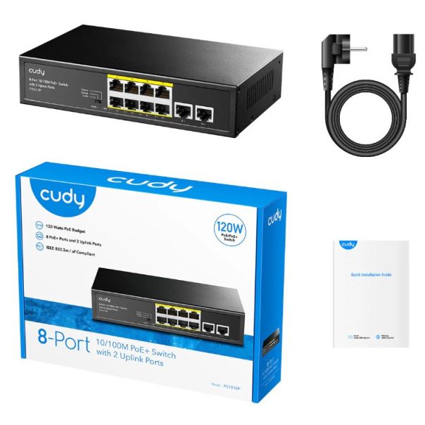 Cudy FS1010P 8-Port 10/100M PoE+ Switch, 2 Uplink 10/100M, 120W, 250m,4KV steel (Alt.PFS3009-8ET-96) - EP3226464