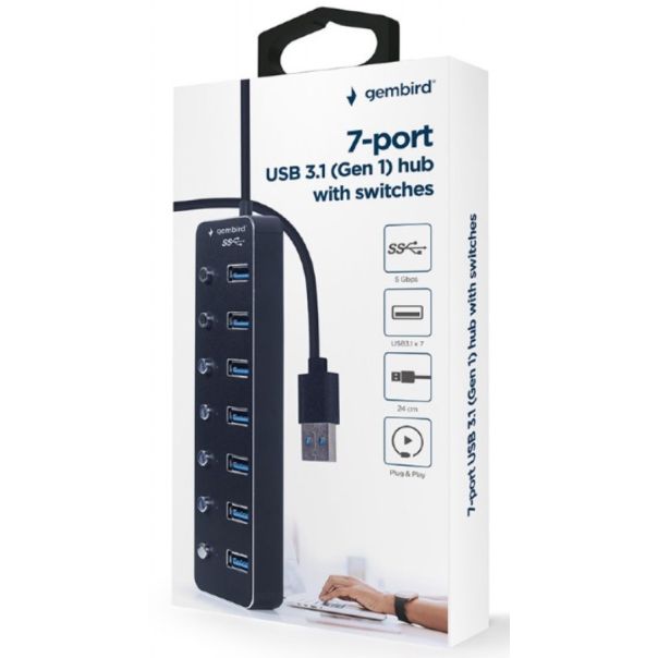 UHB-U3P7P-01 Gembird 7-port USB 3.1 (Gen 1) hub with switches, black - EP3274503