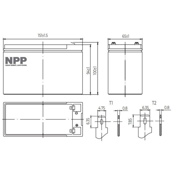 NPP NP12V-7Ah, AGM BATTERY, C20=7AH, T2, 151x65x94x100, 1,97KG, BLACK - EP3236928