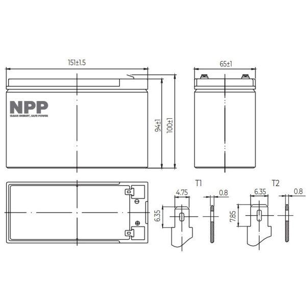 NPP NP12V-7.5Ah, AGM BATTERY,  C20=7.5AH, T1, 151x65x94x100, 2,07KG, BLACK - EP3237001