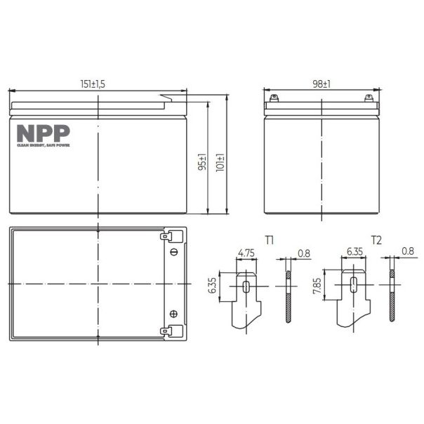 NPP NP12V-12Ah, AGM BATTERY, C20=12AH, T2, 151x98x95x100, 3,3KG, BLACK - EP3236931