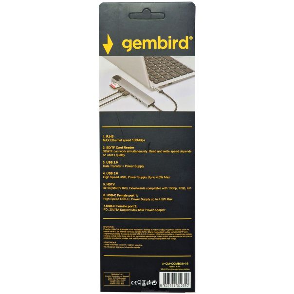 A-CM-COMBO8-05 * Gembird USB HUB Type-C 8-in-1 multi-port adapter USB-C+USB-A+HDMI+PD+card+RJ45, FO - EP3225991