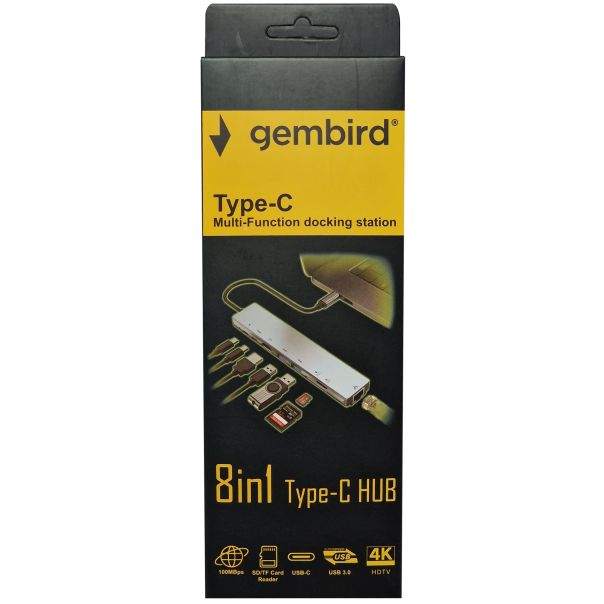 A-CM-COMBO8-05 * Gembird USB HUB Type-C 8-in-1 multi-port adapter USB-C+USB-A+HDMI+PD+card+RJ45, FO - EP3225991