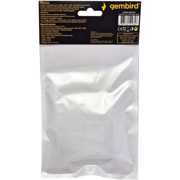 A-DPM-VGAF-03 ** Gembird DisplayPort to VGA adapter cable, BLACK (381) - EP3223379