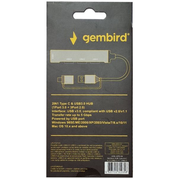 UHB-U3P4-06 ** Gembird HUB Type-A+C to 3*USB2.0 + 1*USB3.0 Aluminum (287) - EP3225994