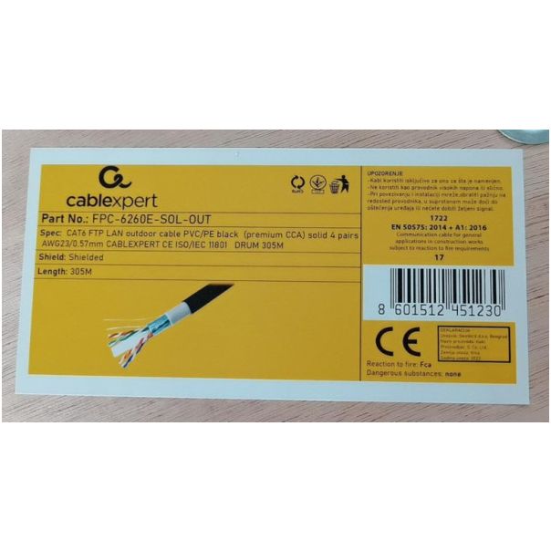FPC-6260E-SOL-OUT *Gembird, FTP cat.6 Outdoor, solid 23AWG, 0.57mm PREMIUM CCA kotur pun presek 305m - EP3226210