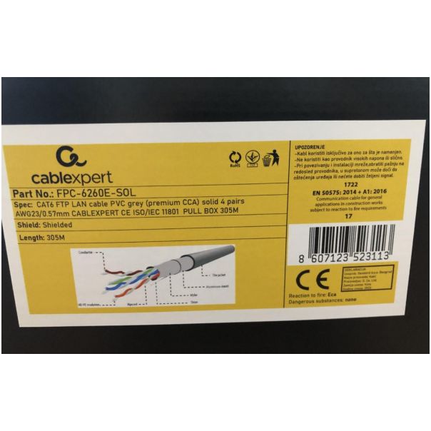 FPC-6260E-SOL *Gembird, FTP cat.6 Indoor, solid 23AWG, 0.57mm PREMIUM CCA kotur pun presek 305m(5503 - EP3226243
