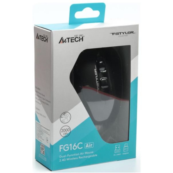 A4-FG16C Air BLACK A4Tech Fstyler DESK+AIR bezicni opticki mis 2.4Ghz,1000-2000Dpi,rechargeable 109m - EP3243194