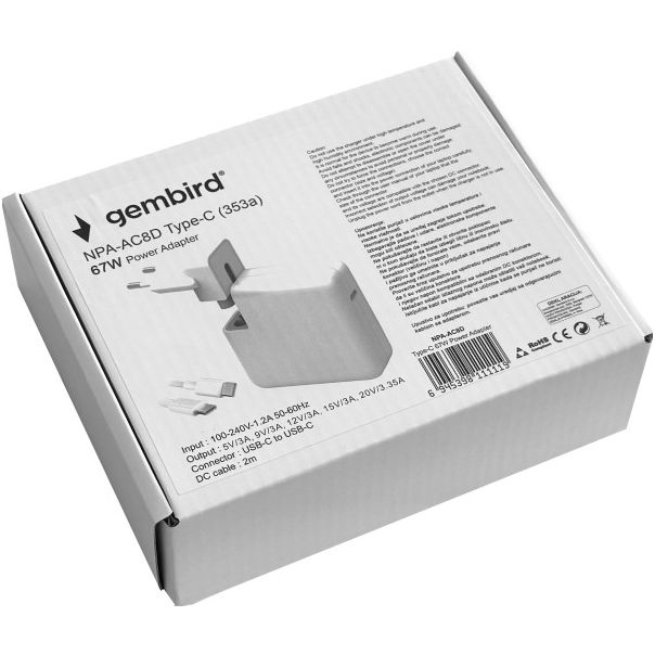NPA-AC8D Gembird laptop 67W, kabl 2m USB-C to USB-C, 5V/3A,9V/3A,12V/3A,15V/3A,20V/3.35A - EP3223592