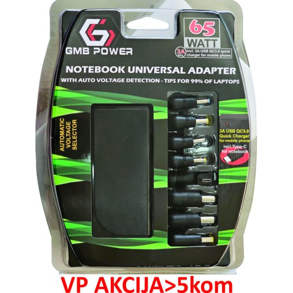 NPA-AC7D **Gembird univerzalni laptop punjac AC 65W sa Tip-C + QC3.0 mob. brzi punjac 3A, auto(1393) - EP3227035