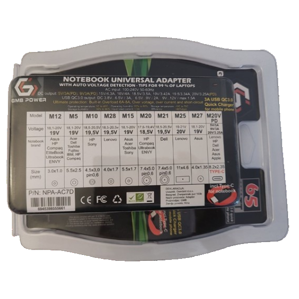NPA-AC7D **Gembird univerzalni laptop punjac AC 65W sa Tip-C + QC3.0 mob. brzi punjac 3A, auto(1393) - EP3227035