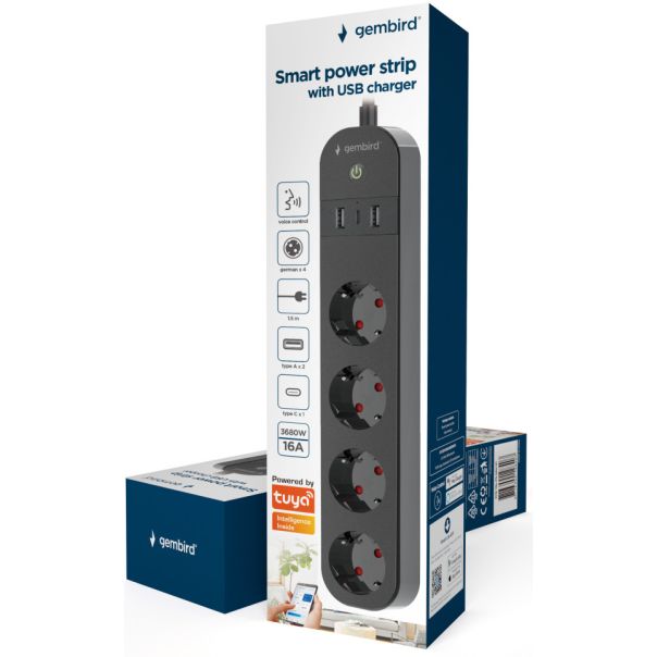 TSL-PS-S4U-01 Gembird pametni produzni kabl sa USB punjenjem, 4 uticnice, 1,5m crni - EP3227683