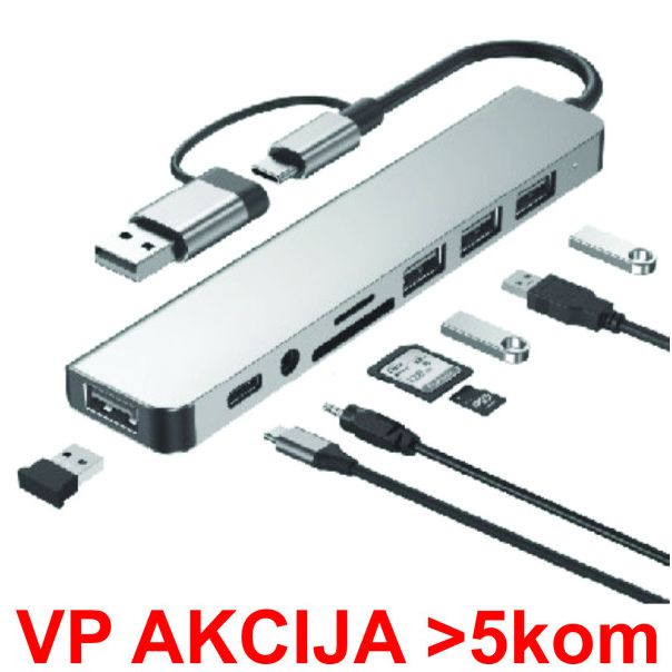 A-CM-COMBO8-06 ** Gembird USB-A + USB-C multi-port 8-in-1 USB3.0+USB2.0+SD+3.5mm+Data (759) - EP3223530