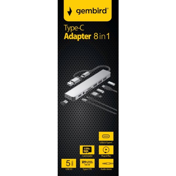A-CM-COMBO8-06 ** Gembird USB-A + USB-C multi-port 8-in-1 USB3.0+USB2.0+SD+3.5mm+Data (759) - EP3223530