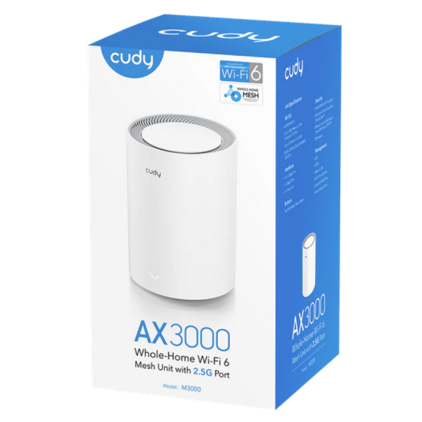 Cudy M3000 1-pack 2.0, AX3000 2.5G Mesh Wi-Fi 6 System White,4-Stream Dual-Band,2402 Mbps + 574 Mbps - EP3227557