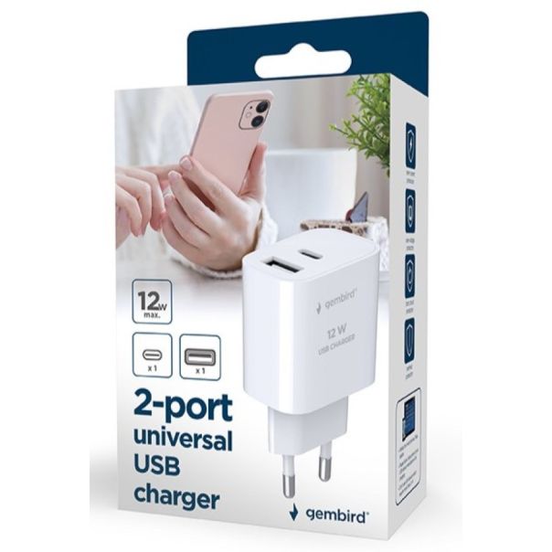 TA-UC-2AC12-01 Gembird USB punjac, 2-port USB-A+ USB-C, 2.4 A, white - EP3224844