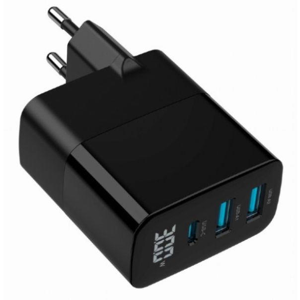 TA-UC-PDQC30LCD-BK-02 Gembird GaN USB brzi punjac, 30W 3-port (2xUSB-A+ USB-C), LCD, black - EP3224856