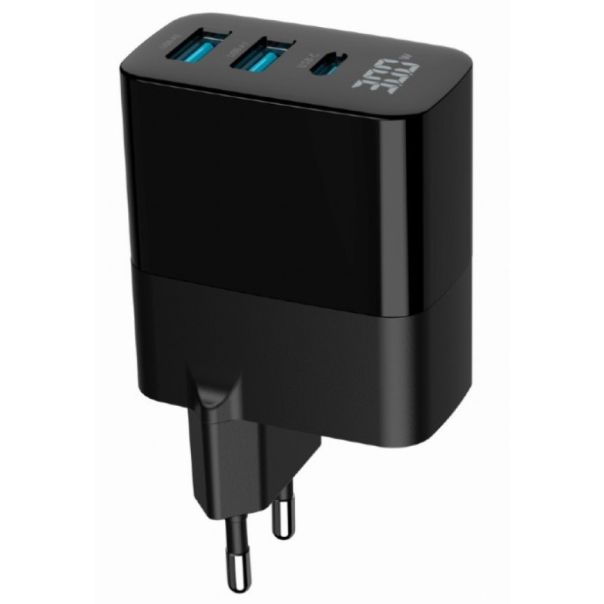 TA-UC-PDQC30LCD-BK-02 Gembird GaN USB brzi punjac, 30W 3-port (2xUSB-A+ USB-C), LCD, black - EP3224856