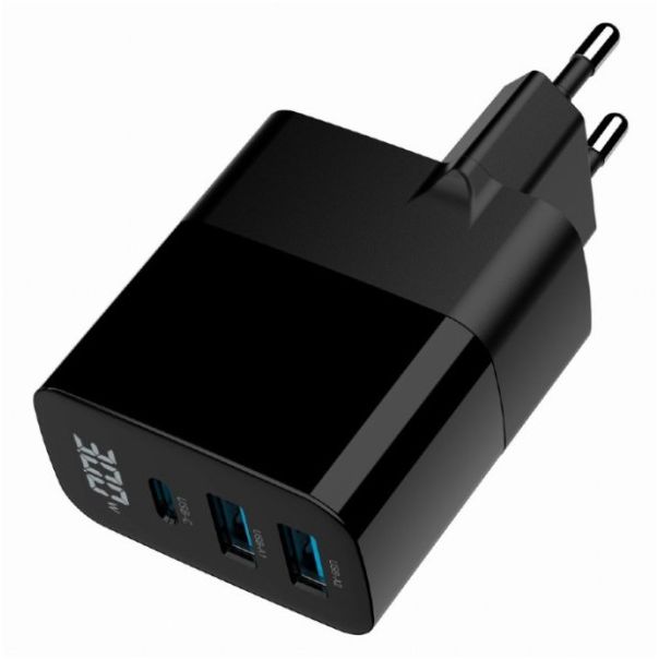 TA-UC-PDQC30LCD-BK-02 Gembird GaN USB brzi punjac, 30W 3-port (2xUSB-A+ USB-C), LCD, black - EP3224856